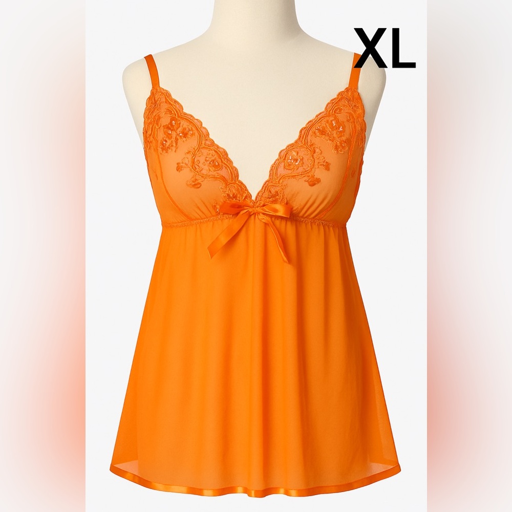 Orange Sheer Lace Sequin Babydoll Chemise • XL - Picture 1 of 6